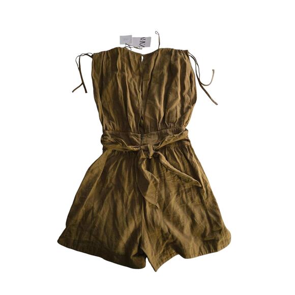 ZARA NWT LINEN BLEND‎ SHORT JUMPSUIT KHAKI BROWN SIZE Medium - Picture 6 of 7